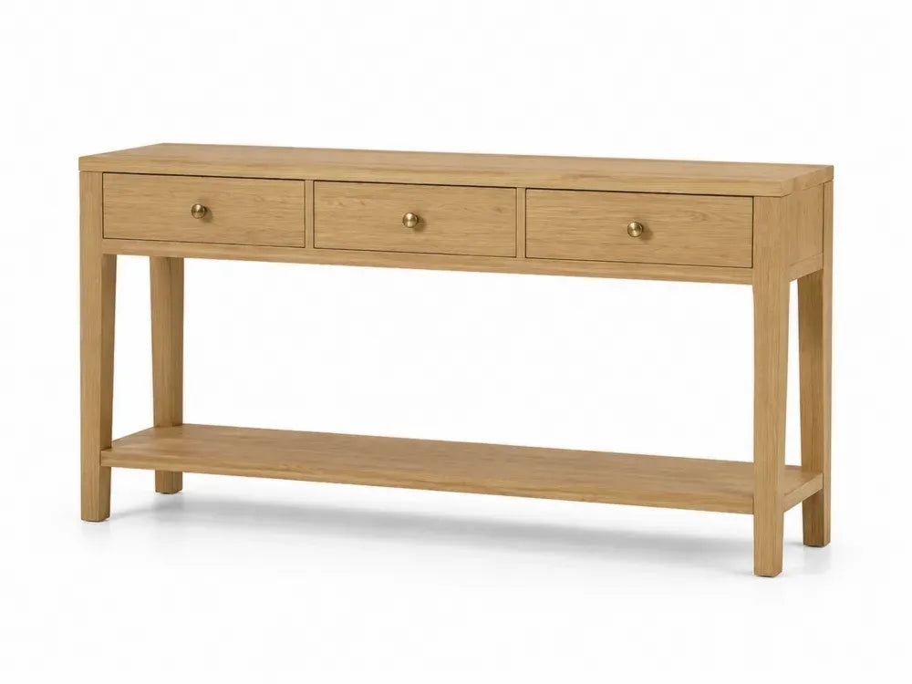 Rechteckiger Konsolentisch mit 3 Schubladen und Ablage MDF mit Eichenfurnier Naturholzfarben Goldfarben 120 x 35 x 80 cm