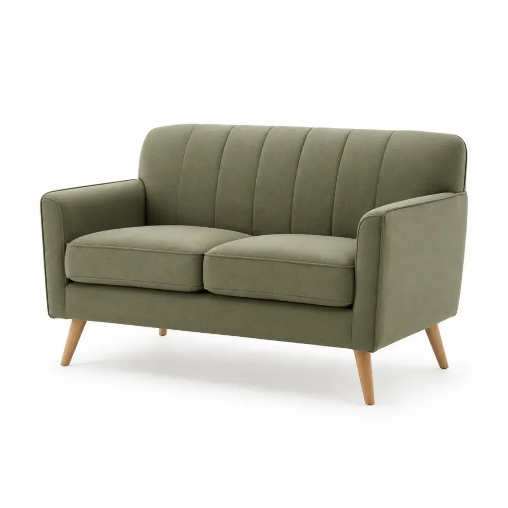 Rechteckiges Zweisitzer Sofa mit Armlehnen Polyester Kiefernholz Kautschukholz Olivgrün Naturholzfarben 132 x 76 x 78 cm