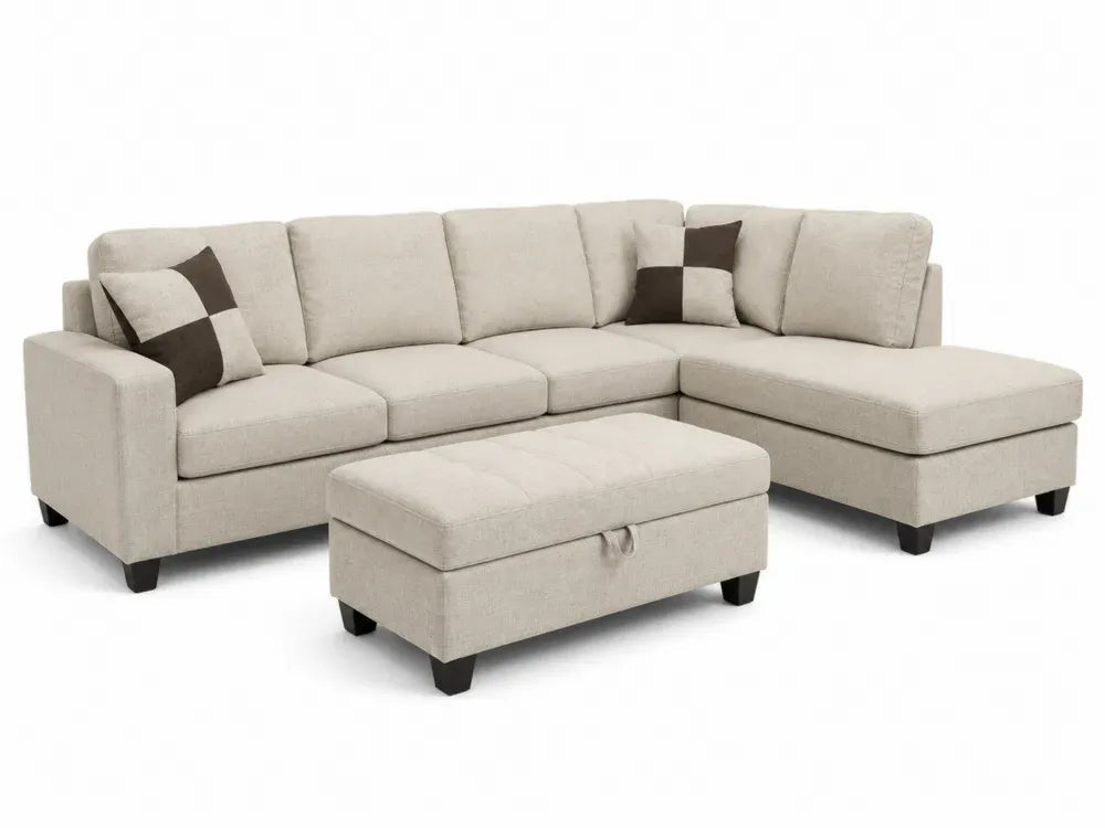 Modulares Ecksofa 4-Sitzer mit rechter Ottomane und Stauraumhocker Polyester-Flachgewebe L-Form Beige 295 x 170 x 86 cm