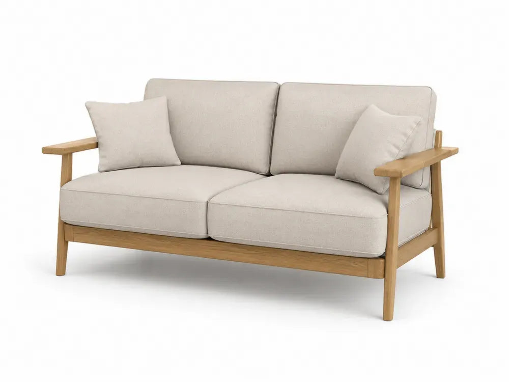 Rechteckiges Zweisitzer Sofa mit Holzarmlehnen 2 Kissen Polyester Kiefernholz Kautschukholz Beige Naturfarben 162 x 80 x 82 cm