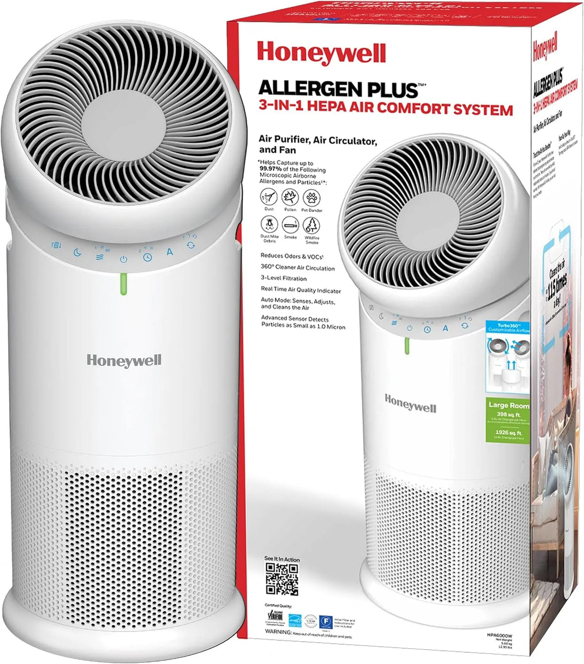 Luchtreiniger en Ventilator, Honeywell Allergen Plus HPA6000 3-in-1 HEPA-luchtreiniger, slaapmodus, 1928 m2