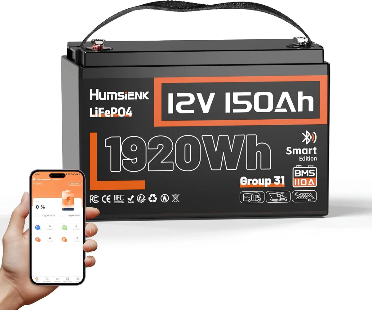 HumsiENK 12V 150Ah LiFePO4 Batterij met Bluetooth LiFePO4 met 12V, 110A en Bluetooth