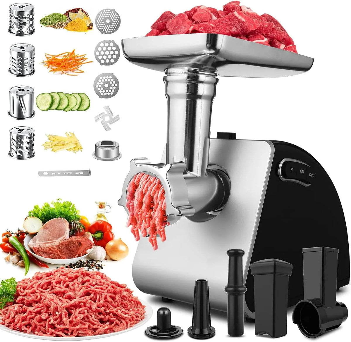 Keukenmachine, 2000 W, 3 schijven met gaten voor vlees en groenten, worstvuller, spuitgebak, kibbeset