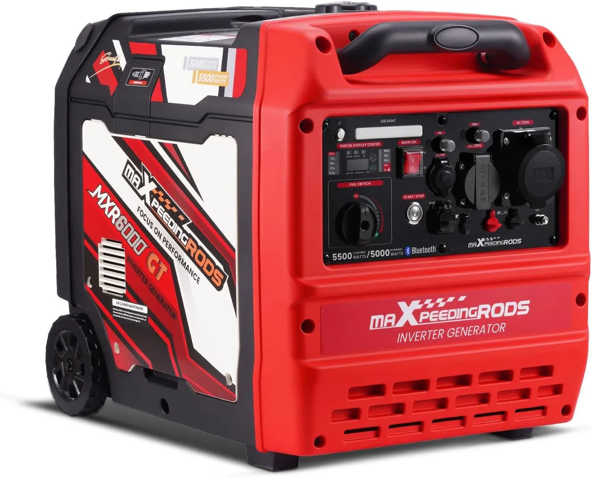 Generator met 5500 W, Bluetooth, digitaal display, invertertechnologie en rood