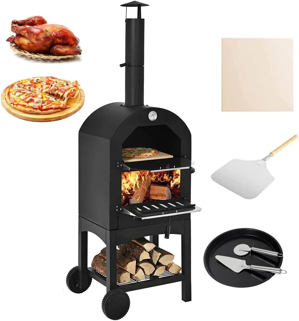 Inbouwoven, 2-laags Pizza Oven Houtgestookte, Draagbare Houtgestookte Pizza Maker Met Schoorsteen En Pizzasteen, Houtgestookte Outdoor Pizza Oven