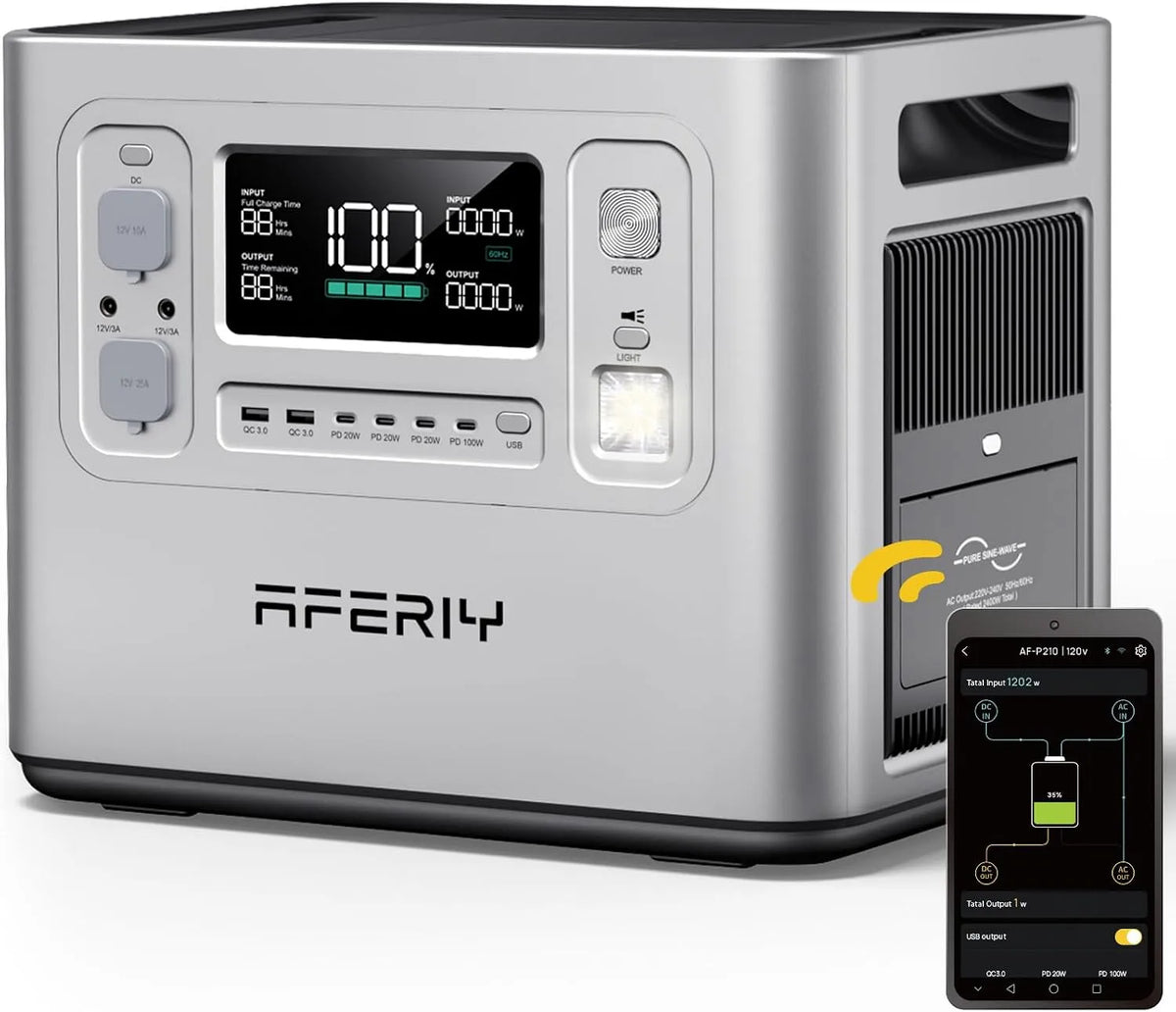 AFERIY Draagbaar, UPS-noodstroomvoorziening, LiFePO4-accu, 2400 W, 2048 Wh, 1,5 uur