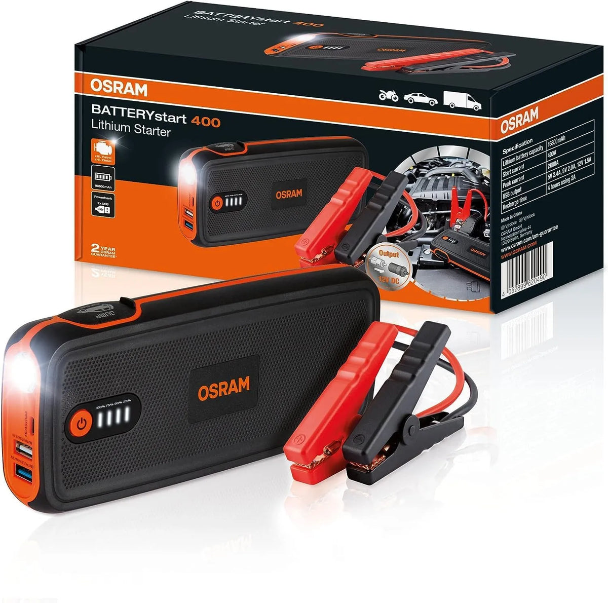 OSRAM BATTERYstart 400, compacte met 16.800 mAh, 12V en USB, krachtige lithium-jumpstarter met powerbank-functie