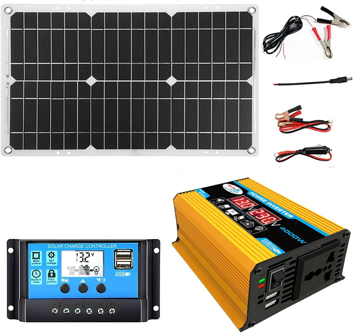 Spanningsomvormer met 4000 W, 30 A en aluminium, 4000 W off-grid zonne-omvormer kit met 18 W waterdicht paneel