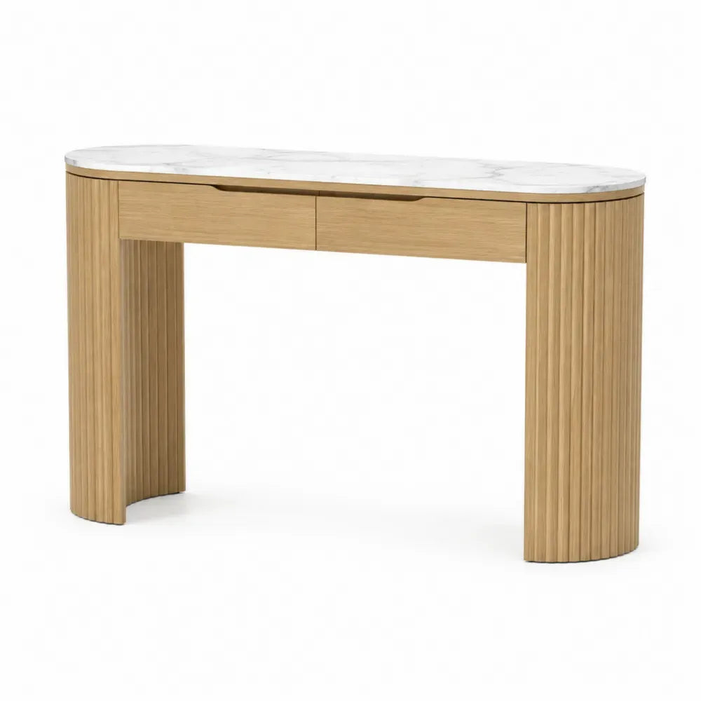 Konsolentisch mit 2 Schubladen rechteckig abgerundet Eiche hell Weiß Grau 120 x 35 x 80 cm MDF PVC Folie