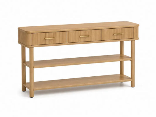 Rechteckiger Konsolentisch mit 3 Schubladen 2 Ablagen MDF mit Eichenfurnier Naturholzfarben Goldfarben 120 x 35 x 80 cm