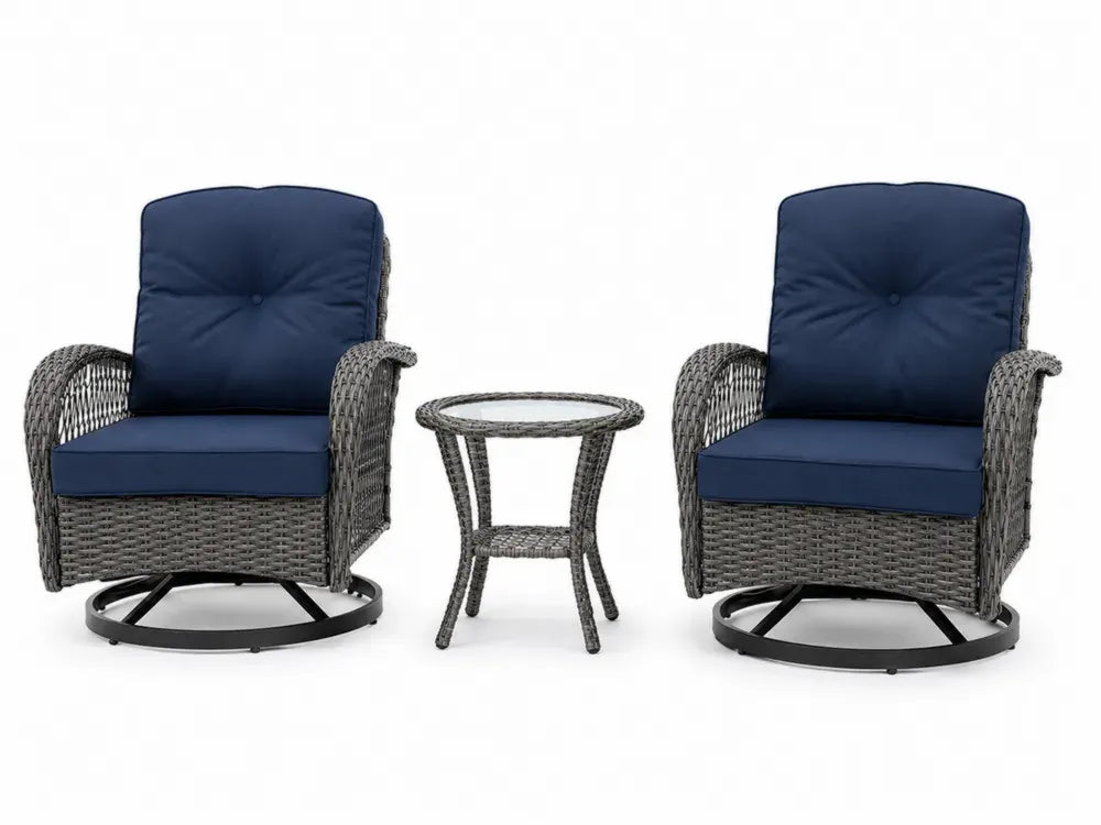3-teiliges Gartenmöbel Set mit 2 drehbaren Sesseln und rundem Beistelltisch PE-Rattan Stahl Polyester dunkelblau grau schwarz 76 x 78 x 92 cm