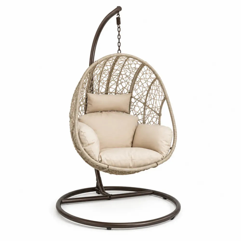 Hängesessel mit Gestell und Kissen Stahlrahmen PE-Rattan Korbform Beige Dunkelbraun 105 x 105 x 195 cm
