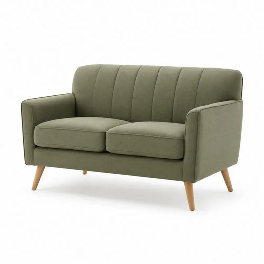 Rechteckiges Zweisitzer Sofa mit Armlehnen Polyester Kiefernholz Kautschukholz Olivgrün Naturholzfarben 132 x 76 x 78 cm