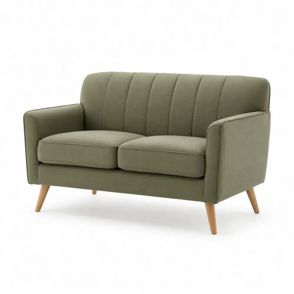 Rechteckiges Zweisitzer Sofa mit Armlehnen Polyester Kiefernholz Kautschukholz Olivgrün Naturholzfarben 132 x 76 x 78 cm