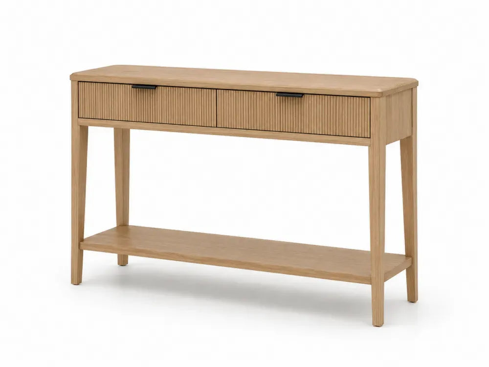 Rechteckiger Konsolentisch mit 2 Schubladen und Ablageboden MDF Spanplatte Eiche hell Schwarz 120 x 35 x 80 cm