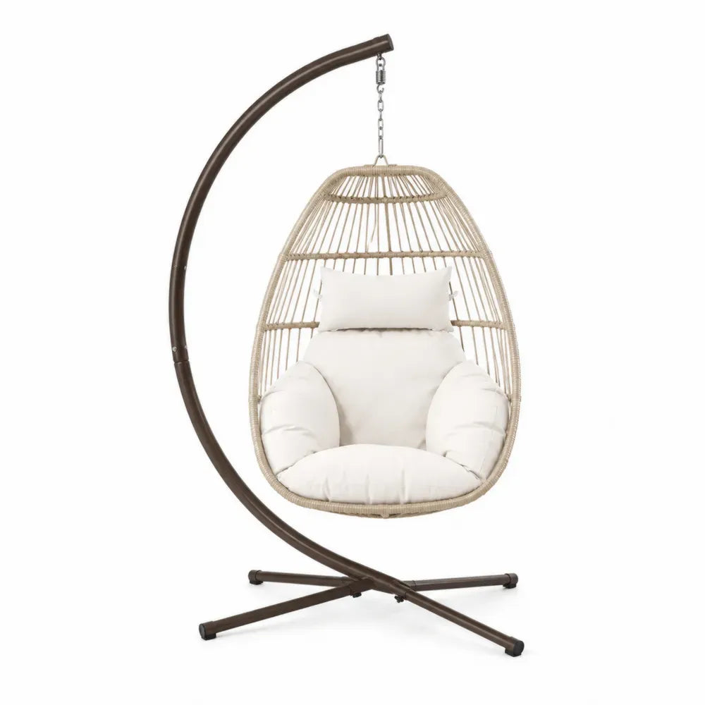 Garten Hängesessel mit Gestell und Kissen eiförmig 105 x 95 x 196 cm PE-Rattan Stahl Cremeweiß Naturbeige Dunkelbraun