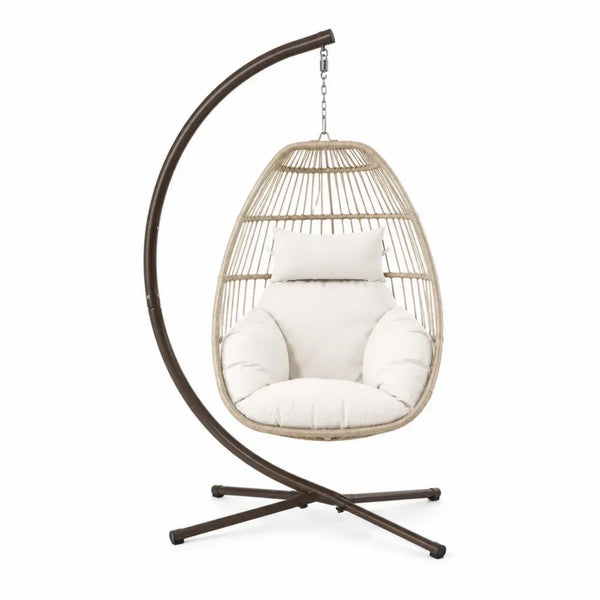 Garten Hängesessel mit Gestell und Kissen eiförmig 105 x 95 x 196 cm PE-Rattan Stahl Cremeweiß Naturbeige Dunkelbraun