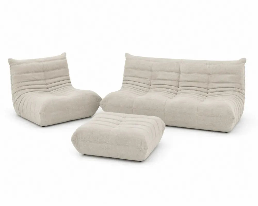 Modulares Sofa Set 3-teilig mit Hocker rechteckig Beige Schwarz 300 x 150 x 72 cm Polyester Leinen Gewebe Kiefernholz Sperrholz