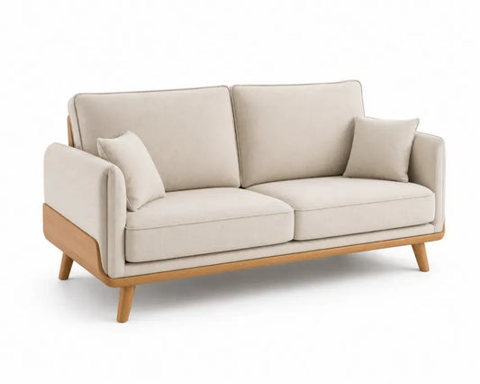 Zweisitzer Sofa rechteckig Beige Naturholzfarben 160 x 78 x 84 cm Polyester Leinen Gewebe Gummibaumholz