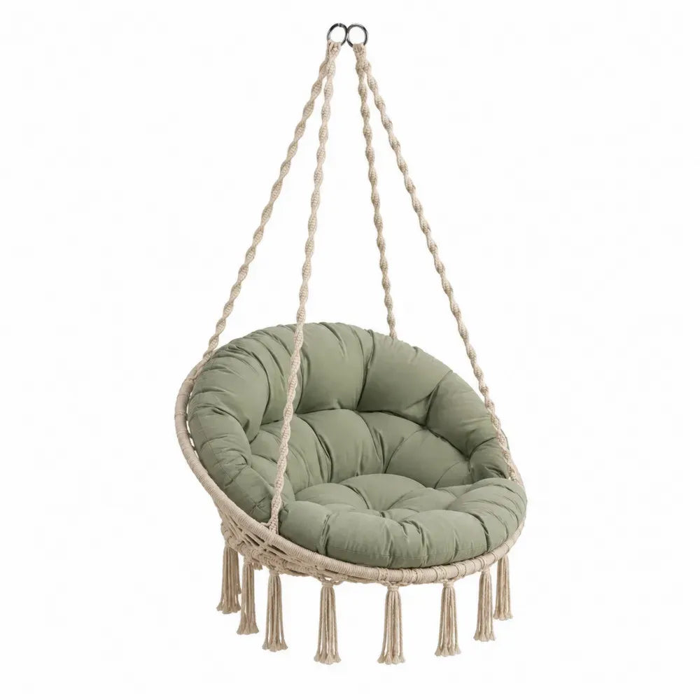 Hängesessel rund mit Sitzkissen 80 x 80 x 140 cm Baumwollseil Stahlringe Salbeigrün Naturbeige Schwarz