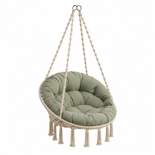 Hängesessel rund mit Sitzkissen 80 x 80 x 140 cm Baumwollseil Stahlringe Salbeigrün Naturbeige Schwarz