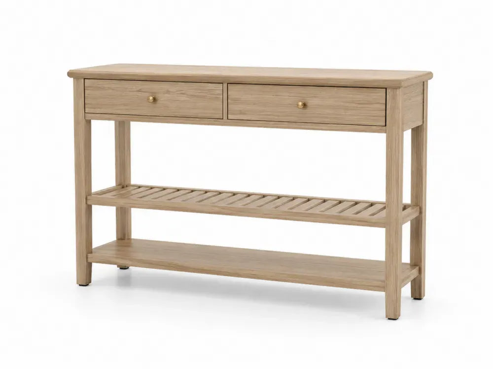 Konsolentisch mit 2 Schubladen und 2 Ablagen rechteckig Naturholzfarben Messingfarben 120 x 35 x 80 cm MDF Eichenfurnier Kautschukholz