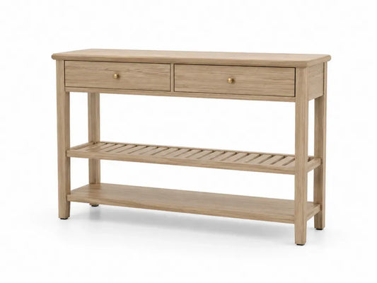 Konsolentisch mit 2 Schubladen und 2 Ablagen rechteckig Naturholzfarben Messingfarben 120 x 35 x 80 cm MDF Eichenfurnier Kautschukholz