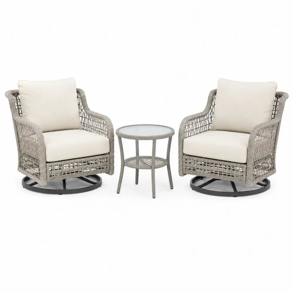 3-teiliges Gartenstuhl Set mit 2 Drehsesseln und rundem Beistelltisch PE Rattan Stahlrahmen Polyesterkissen beige naturgrau schwarz Sessel 74 x 78 x 92 cm Tisch Ø 50 x 50 cm