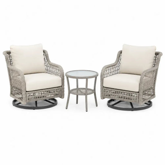 3-teiliges Gartenstuhl Set mit 2 Drehsesseln und rundem Beistelltisch PE Rattan Stahlrahmen Polyesterkissen beige naturgrau schwarz Sessel 74 x 78 x 92 cm Tisch Ø 50 x 50 cm