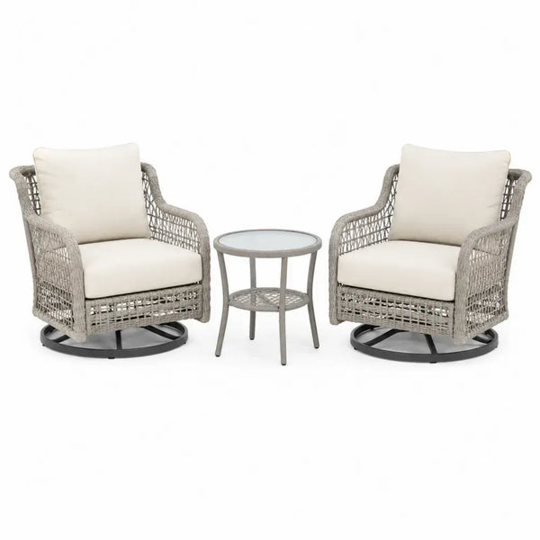 3-teiliges Gartenstuhl Set mit 2 Drehsesseln und rundem Beistelltisch PE Rattan Stahlrahmen Polyesterkissen beige naturgrau schwarz Sessel 74 x 78 x 92 cm Tisch Ø 50 x 50 cm