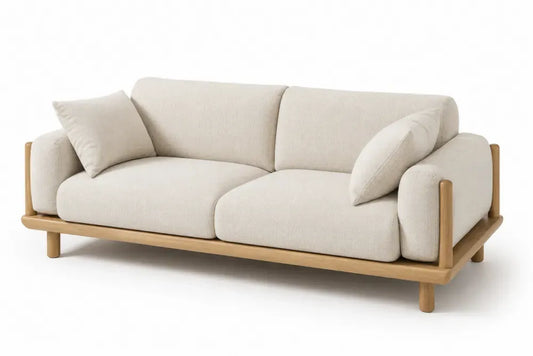 Rechteckiges Zweisitzer Sofa mit Holzrahmen und Kissen Polyester Kautschukholz Beige Naturholzfarben 185 x 84 x 75 cm