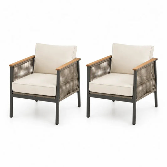 2er Set Gartenstuhl Loungesessel mit Armlehnen Akazienholzarmauflagen PE Rattan Seilgeflecht Aluminiumrahmen Polyesterkissen beige grau schwarz naturholzfarben 64 x 70 x 82 cm