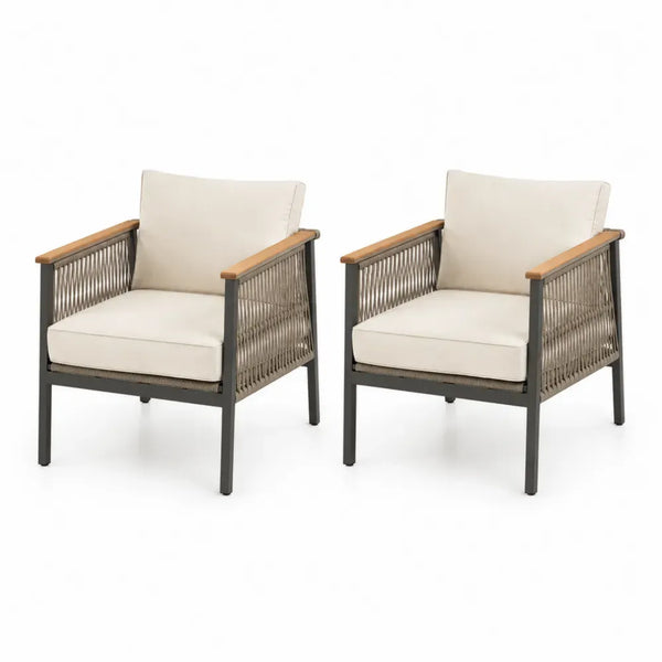 2er Set Gartenstuhl Loungesessel mit Armlehnen Akazienholzarmauflagen PE Rattan Seilgeflecht Aluminiumrahmen Polyesterkissen beige grau schwarz naturholzfarben 64 x 70 x 82 cm