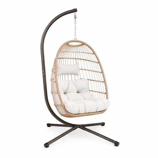 Garten Hängesessel mit Gestell und Kissen oval 105 x 105 x 195 cm PE-Rattan Stahl Beige Naturbeige Dunkelbraun