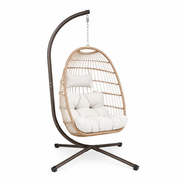 Garten Hängesessel mit Gestell und Kissen oval 105 x 105 x 195 cm PE-Rattan Stahl Beige Naturbeige Dunkelbraun