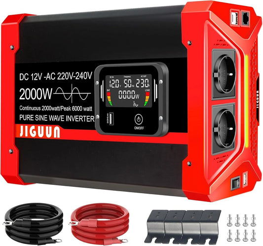 Spanningsomvormer, 2000 W, 12V, 230V, afstandsbediening, digitaal display