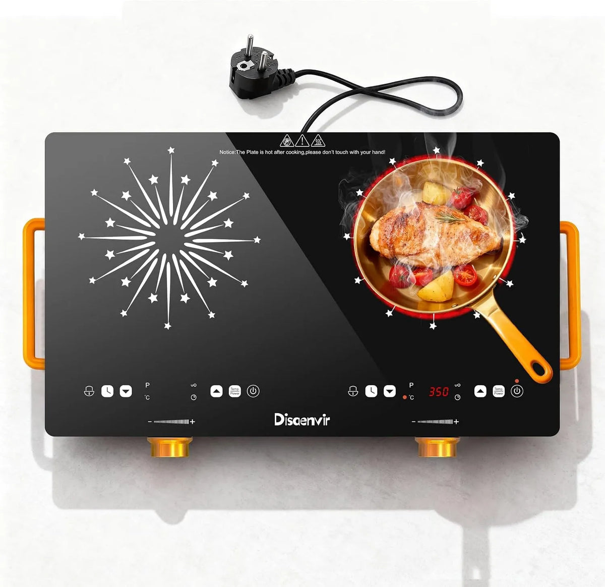 Kookplaat met 3200 W, 650 °C, 220-240 V, timer, 4 uur en RVS