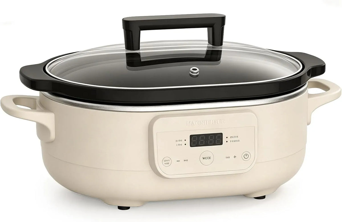 Slowcooker, 6 liter inhoud, uitneembaar en anti-aanbaklaag, warmte-instellingen: houden, voor meer dan 6 personen, klein keukenapparaat