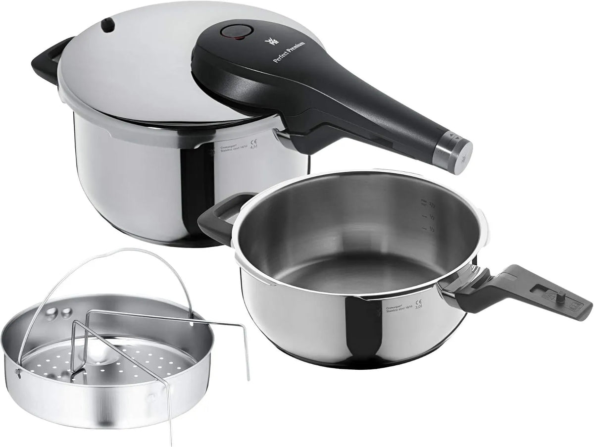 WMF Premium Snelkookpannenset, 4,5 L en 3,0 L met Inzetset, RVS, Zilver, 3-Delig