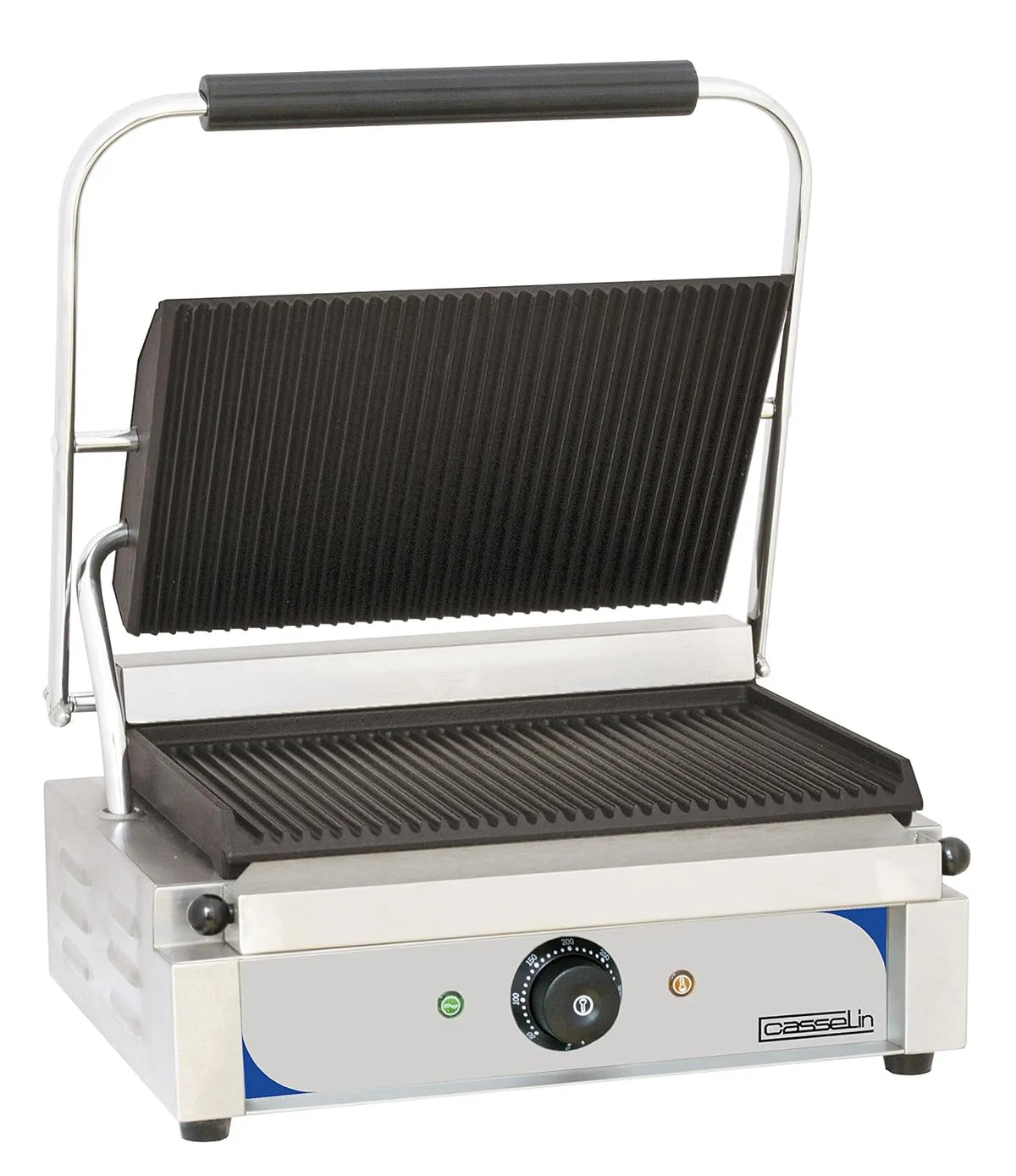 Casselin panini grill gegroefde platen 2200 W cgprr met 2200 W, 50°C, 300°C, 220 mm, 230 mm, 200 mm en RVS