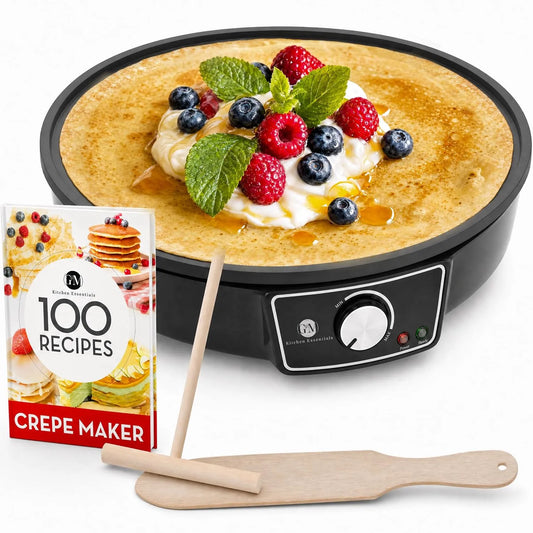 Crêpe Maker Machine met 100 RECEPT KOOKBOEK 、 Beslagverspreider & Houten Spatel, Roti、Tortill.., 30,48cm, Slagstrooier & Houten Spatel
