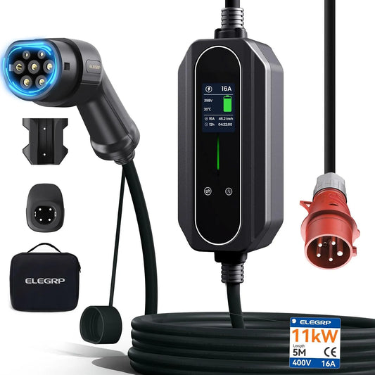 Lader, ELEGRP 11, instelbaar van 6 tot 16 A, 5 m kabel, IP67 waterdicht, mobiel laadstation IEC 62196-2, driefasige oplader
