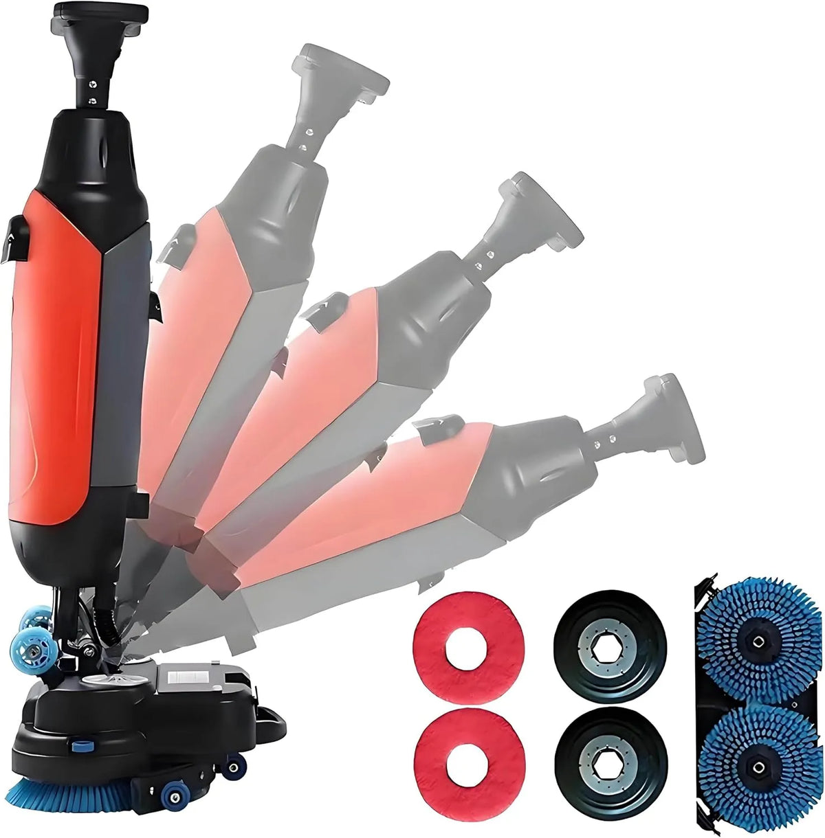 Vloerreiniger, breedte 430 mm, 36 V/10,5 Ah op batterijen rood, hogesnelheidsreinigingsmachine voor tapijten, snoerloze vloerreiniger