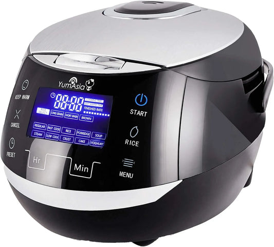 Yum Asia Sakura rijstkoker met keramische kom en Advanced Fuzzy Logic 8 kopjes met 220-240V, digitaal display, RVS, timer, zwart, wit, grijs en zilver