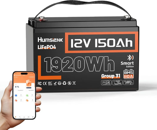 HumsiENK 12V 150Ah LiFePO4 Batterij met Bluetooth LiFePO4 met 12V, 110A en Bluetooth