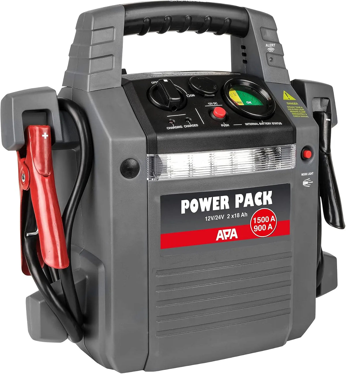 APA 16524 Power Pack 12/24V met 900A, 12V, 230 V, 80 cm, 160 cm, ruime kabellengte, zwart en grijs