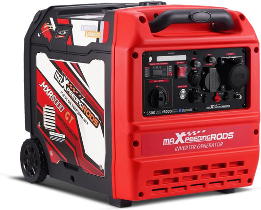 Generator met 5500 W, Bluetooth, digitaal display, invertertechnologie en rood