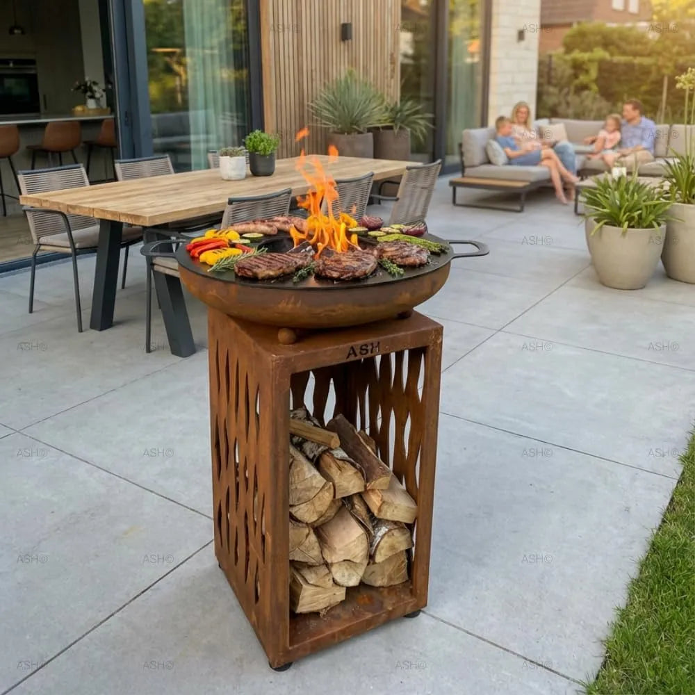 Barbecue, Plancha, Vuurschaal, Grillplaat, Grillring, Houtopslag, BBQ, Cortenstaal, Outdoor, Tuinhaard