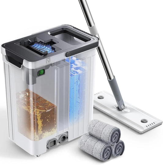 Mop en emmer set met 6L en mop- en vlekreiniging, 3x wasbare pads