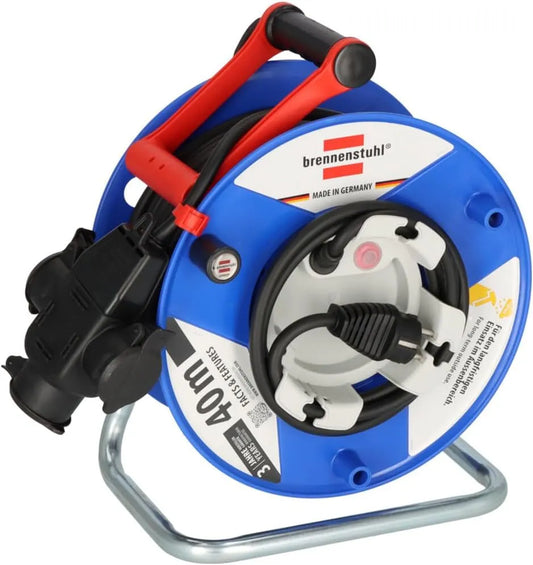 Kabelhaspel, 40m RN kabel, 3-voudige stekkerdoos met ophanginrichting, Made in Germany, IP44
